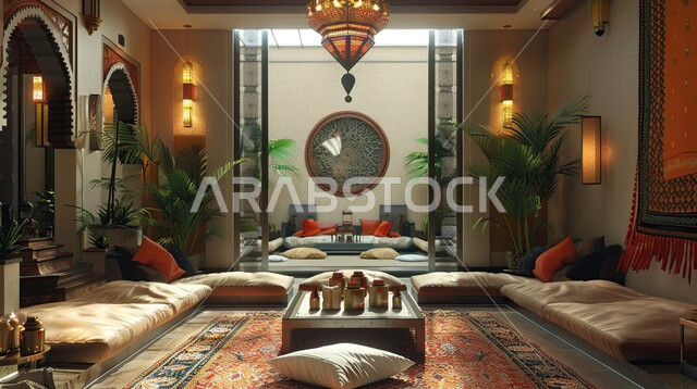 Illuminated antiques and accessories, high-end interior decoration for villas and residential apartments in the Kingdom of Saudi Arabia, glass facade overlooking trees and green plants, interior designs for living rooms in the Arab-Islamic style, living room with home furniture and traditional Arab councils