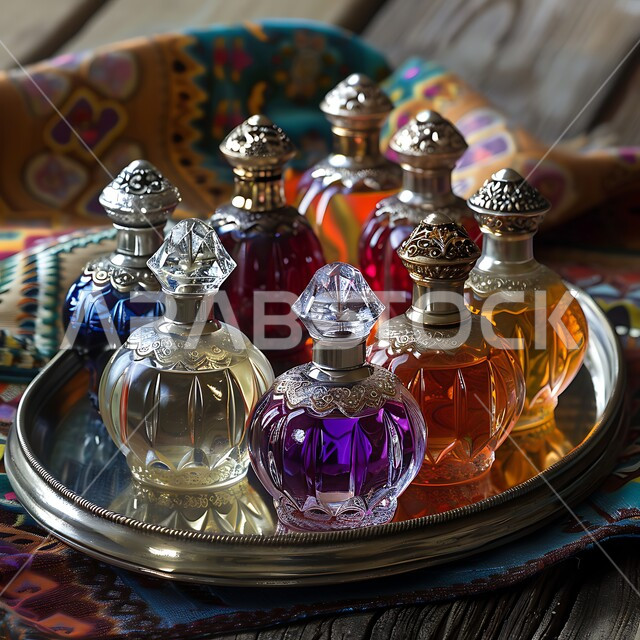 التعطر و التطيب بالزيوت الطبيعيه والمسك, مجموعة من زجاجات العطور المزخرفة الفاخرة، زيت العود الداكن على صينية فضية تقليدية عتيقة، منتجات وطنية محلية في المملكة العربية السعودية، خلفية قماشية