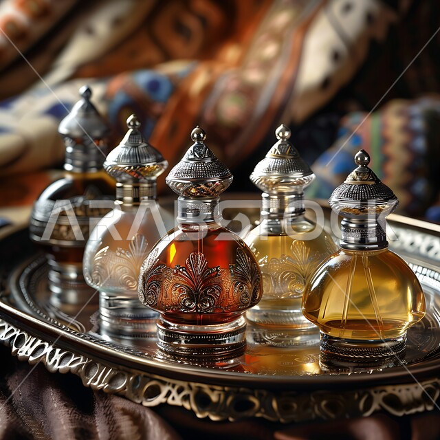 التعطر و التطيب بالزيوت الطبيعيه والمسك, مجموعة من زجاجات العطور المزخرفة الفاخرة، زيت العود الداكن على صينية فضية تقليدية عتيقة، منتجات وطنية محلية في المملكة العربية السعودية، خلفية قماشية