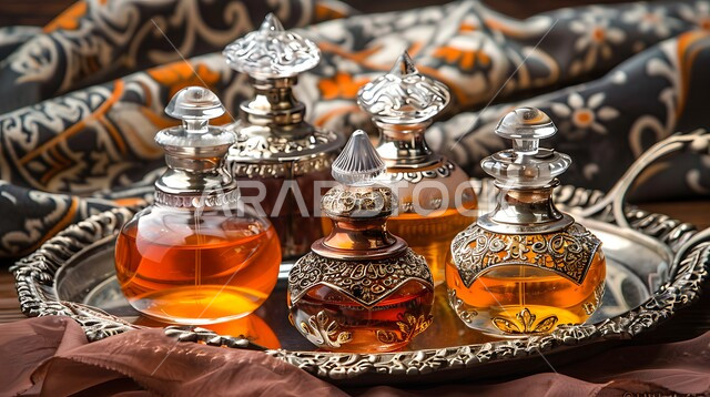 التعطر و التطيب بالزيوت الطبيعيه والمسك, مجموعة من زجاجات العطور المزخرفة الفاخرة، زيت العود الداكن على صينية فضية تقليدية عتيقة، منتجات وطنية محلية في المملكة العربية السعودية، خلفية قماشية