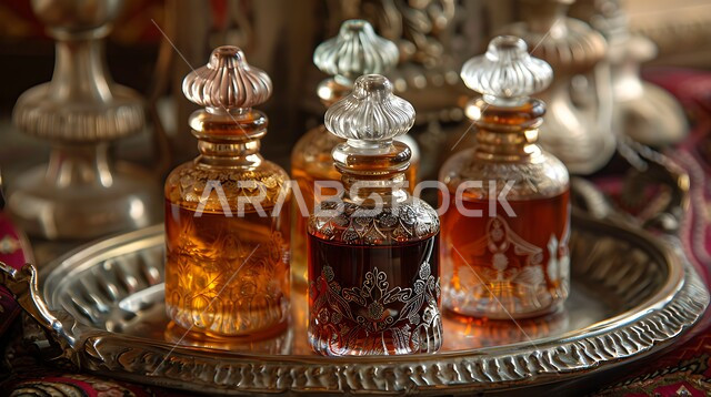 التعطر و التطيب بالزيوت الطبيعيه والمسك, مجموعة من زجاجات العطور المزخرفة الفاخرة، زيت العود الداكن على صينية فضية تقليدية عتيقة، منتجات وطنية محلية في المملكة العربية السعودية، خلفية قماشية
