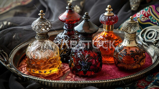 التعطر و التطيب بالزيوت الطبيعيه والمسك, مجموعة من زجاجات العطور المزخرفة الفاخرة، زيت العود الداكن على صينية فضية تقليدية عتيقة، منتجات وطنية محلية في المملكة العربية السعودية، خلفية قماشية