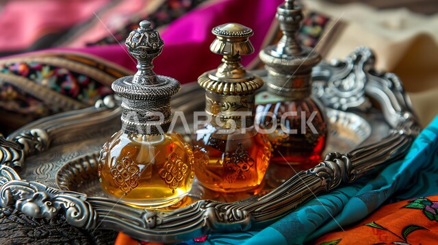 التعطر و التطيب بالزيوت الطبيعيه والمسك, مجموعة من زجاجات العطور المزخرفة الفاخرة، زيت العود الداكن على صينية فضية تقليدية عتيقة، منتجات وطنية محلية في المملكة العربية السعودية، خلفية قماشية