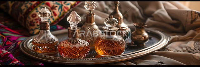 Dark Oud Oil on a Traditional Antique Silver Tray, Perfumery and Fragrancing with Natural Oils and Musk, Collection of Luxury Ornate Perfume Bottles, Local National Products of Saudi Arabia, Fabric Background