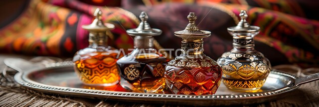 زيت العود الداكن على صينية فضية تقليدية عتيقة، التعطر و التطيب بالزيوت الطبيعيه والمسك, مجموعة من زجاجات العطور المزخرفة الفاخرة، منتجات وطنية محلية في المملكة العربية السعودية، خلفية قماشية