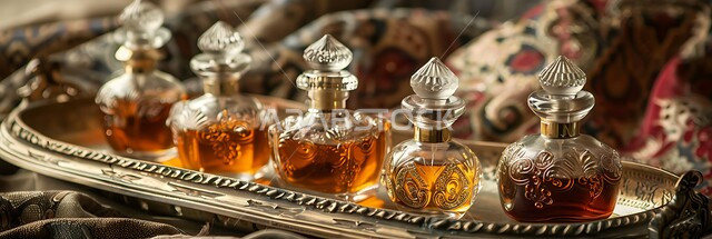 زيت العود الداكن على صينية فضية تقليدية عتيقة، التعطر و التطيب بالزيوت الطبيعيه والمسك, مجموعة من زجاجات العطور المزخرفة الفاخرة، منتجات وطنية محلية في المملكة العربية السعودية، خلفية قماشية