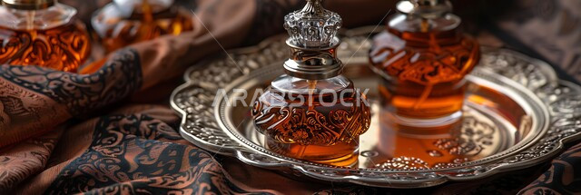 Dark Oud Oil on a Traditional Antique Silver Tray, Perfumery and Fragrancing with Natural Oils and Musk, Collection of Luxury Ornate Perfume Bottles, Local National Products of Saudi Arabia, Fabric Background