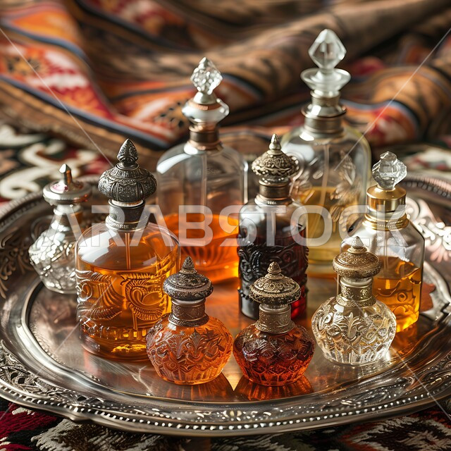 زيت العود الداكن على صينية فضية تقليدية عتيقة، التعطر و التطيب بالزيوت الطبيعيه والمسك, مجموعة من زجاجات العطور المزخرفة الفاخرة، منتجات وطنية محلية في المملكة العربية السعودية، خلفية قماشية