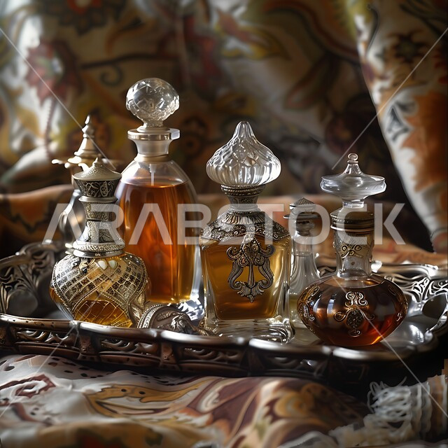 زيت العود الداكن على صينية فضية تقليدية عتيقة، التعطر و التطيب بالزيوت الطبيعيه والمسك, مجموعة من زجاجات العطور المزخرفة الفاخرة، منتجات وطنية محلية في المملكة العربية السعودية، خلفية قماشية