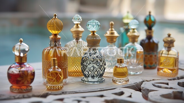 التطيب والتعطر بالزيوت الطبيعيه والمسك, زيت العود الداكن والروائح التقليدية العتيقة، مجموعة من زجاجات العطور المزخرفة الفاخرة المعروضة بإحدى المحال التجارية، منتجات وطنية محلية في المملكة العربية السعودية