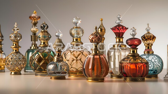 التطيب والتعطر بالزيوت الطبيعيه والمسك, زيت العود الداكن والروائح التقليدية العتيقة، مجموعة من زجاجات العطور المزخرفة الفاخرة المعروضة بإحدى المحال التجارية، منتجات وطنية محلية في المملكة العربية السعودية