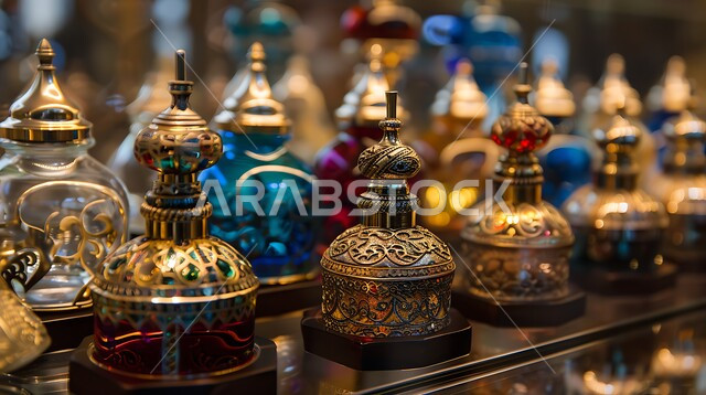 التطيب والتعطر بالزيوت الطبيعيه والمسك, زيت العود الداكن والروائح التقليدية العتيقة، مجموعة من زجاجات العطور المزخرفة الفاخرة المعروضة بإحدى المحال التجارية، منتجات وطنية محلية في المملكة العربية السعودية