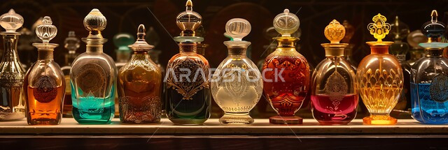 التطيب والتعطر بالزيوت الطبيعيه والمسك, زيت العود الداكن والروائح التقليدية العتيقة، مجموعة من زجاجات العطور المزخرفة الفاخرة المعروضة بإحدى المحال التجارية، منتجات وطنية محلية في المملكة العربية السعودية