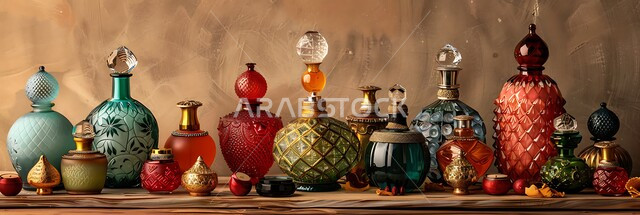 الروائح التقليدية العتيقة وزيت العود الداكن، التطيب والتعطر بالزيوت الطبيعيه والمسك, صورة بانورامية لمجموعة من زجاجات العطور المزخرفة الفاخرة المعروضة بإحدى المحال التجارية، منتجات وطنية محلية في المملكة العربية السعودية