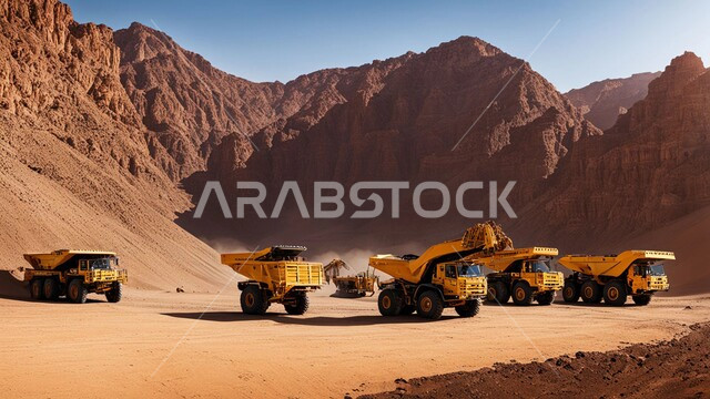 جرافات هيدروليكية تقوم بأحد اعمال التعدين لنقل وتفريغ التراب في الأماكن الجبلية في المملكة العربية السعودية, مفهوم مشاريع البناء والانشاء الكبيرة, مهن ووظائف هندسية صناعية, استخدام الآلات والمعدات الثقيلة في المناطق الوعرة في وقت النهار