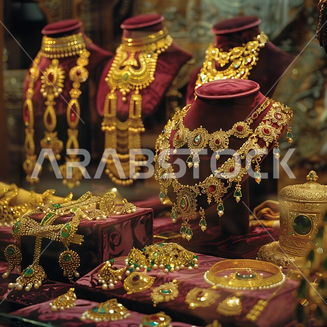 أناقة ومهارة الاكسسوارات الثمينة، صورة مقربة لواجهة زجاجية للمجوهرات التقليدية الذهبية موضوعة على المخمل، القلائد والأساور المعقدة وخواتم الأحجار الكريمة، الحلي المصنوعة من الذهب في المملكة العربية السعودية
