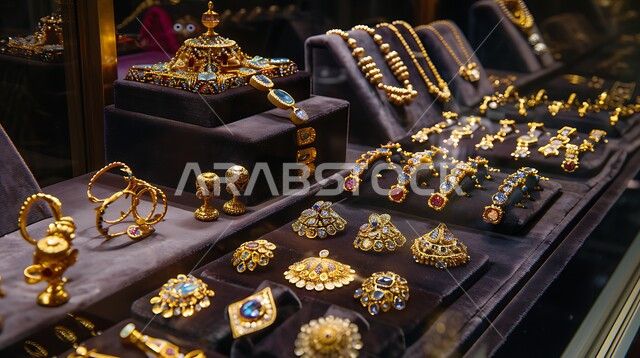 أناقة ومهارة الاكسسوارات الثمينة، صورة مقربة لواجهة زجاجية للمجوهرات التقليدية الذهبية موضوعة على المخمل، القلائد والأساور المعقدة وخواتم الأحجار الكريمة، الحلي المصنوعة من الذهب في المملكة العربية السعودية