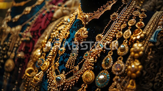 أناقة ومهارة الاكسسوارات الثمينة، صورة مقربة لواجهة زجاجية للمجوهرات التقليدية الذهبية موضوعة على المخمل، القلائد والأساور المعقدة وخواتم الأحجار الكريمة، الحلي المصنوعة من الذهب في المملكة العربية السعودية