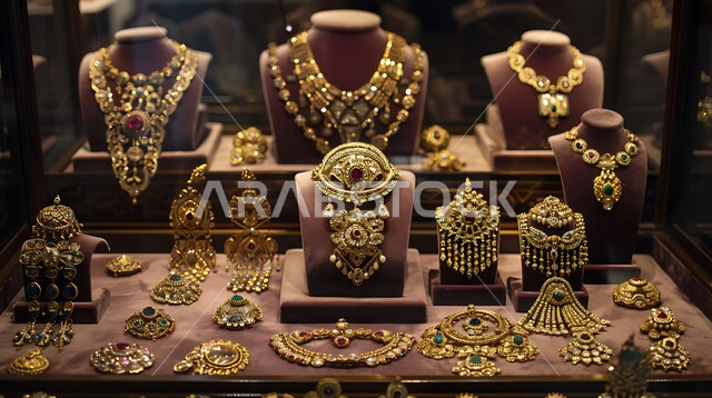 أناقة ومهارة الاكسسوارات الثمينة، صورة مقربة لواجهة زجاجية للمجوهرات التقليدية الذهبية موضوعة على المخمل، القلائد والأساور المعقدة وخواتم الأحجار الكريمة، الحلي المصنوعة من الذهب في المملكة العربية السعودية