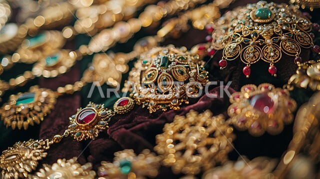 أناقة ومهارة الاكسسوارات الثمينة، صورة مقربة لواجهة زجاجية للمجوهرات التقليدية الذهبية موضوعة على المخمل، القلائد والأساور المعقدة وخواتم الأحجار الكريمة، الحلي المصنوعة من الذهب في المملكة العربية السعودية