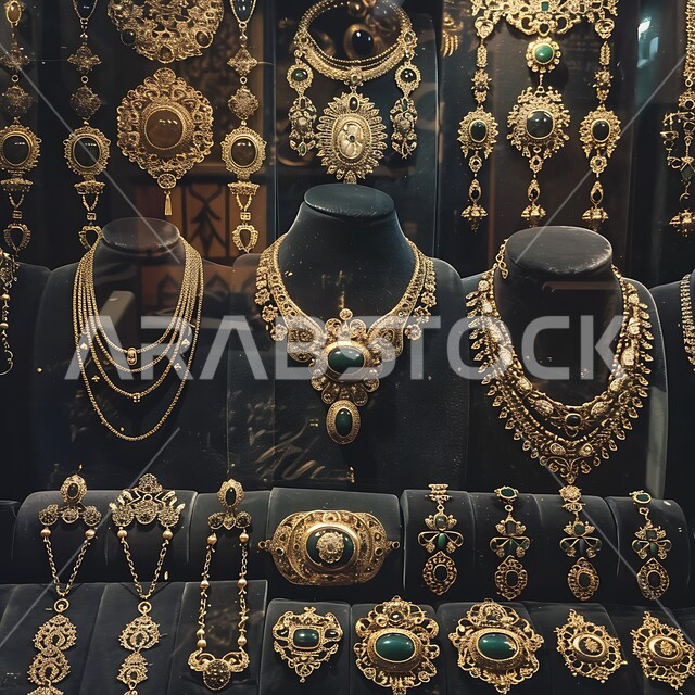 مهارة وأناقة الاكسسوارات الثمينة، صورة مقربة لواجهة زجاجية للمجوهرات التقليدية الذهبية موضوعة على المخمل، القلائد والأساور المعقدة وخواتم الأحجار الكريمة، الحلي المصنوعة من الذهب في المملكة العربية السعودية