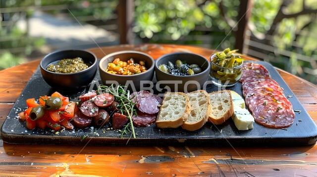 الأساليب الفنية في تقديم اللحومات الباردة والخضار الطازجة والأجبان، منتجات ومحاصيل زراعية وطنية محلية سعودية، طبق خشبي مليء بأصناف متنوعة ومختلفة من الأكلات اللذيذة، سناكات ووجبات خفيفية، أطعمة غنية بالفيتامينات والعناصر الغذائية المهمة