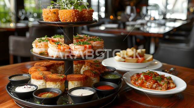 فنون التقديم في مطاعم ومطابخ المملكة العربيه السعودية، وجبات الطعام الصحية، مطابخ متخصصة في الأطباق البحرية، مطاعم تقدم المأكولات الأسيوية، طبق مليء بالثمار البحرية اللذيذة والقريدس، وصفات طعام وأكلات شهية