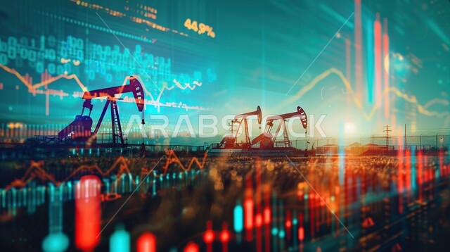 Quality of petroleum extraction tools and equipment, export and sale of underground resources in Saudi Arabia, extraction of oil and oils, silhouette of a drilling rig drilling for oil