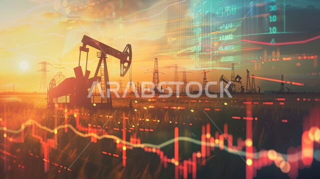 تصدير وبيع الثروات الباطنية في المملكة العربية السعودية، استنباط النفط والزيوت، جودة أدوات ومعدات استخراج البترول، صورة ظليلية لحفارة تقوم بالتنقيب عن النفط 