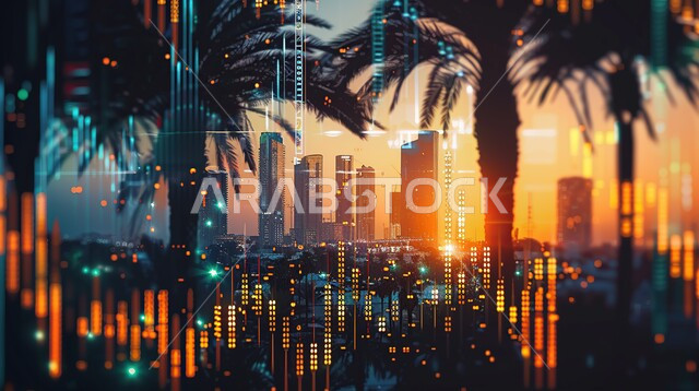 استخدام التقنيات المتطورة في انشاء المدن الحديثة، النمو والتطور العمراني الكبير في البناء، منظر تخيلي مستقبلي للأبراج  في المملكة العربية السعودية، رؤية سعودية مستقبلية 2،030 تطوير البنية التحتية الرقمية،  ا لأشجار النخيل و الطبيعة الخضراء