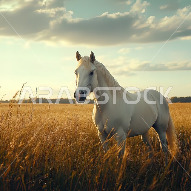 مفهوم تربية الخيول، صورة مقربة لخيل عربي أصيل أبيض اللون يتنقل في البراري، إسطبل رعاية الأحصنة، مزرعة لتربية الفرس بالمملكة العربية السعودية