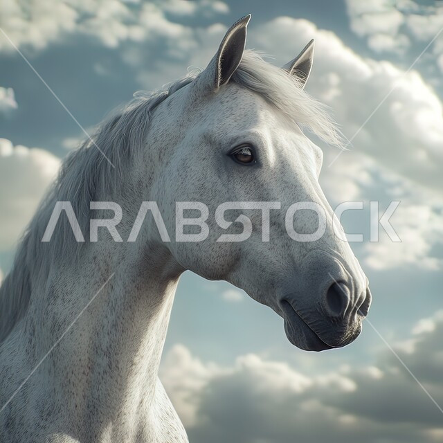  تربية وتدريب الخيول، صورة مقربة لخيل عربي اصيل أبيض اللون، مزرعة لتربية الخيول، جمال السحب البيضاء في سماء المملكة العربية السعودية 