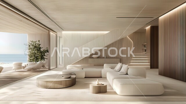 التصاميم الداخلية لغرف الجلوس على الطراز الحديث ، اكسسوارات وتحف عصرية ، نوافذ زجاجية كبيرة  مطله على البحر،غرفة معيشة مع أثاث منزلي فاخر ، الديكورات الداخلية الراقية للفلل والشقق السكنية في المملكة العربية السعودية