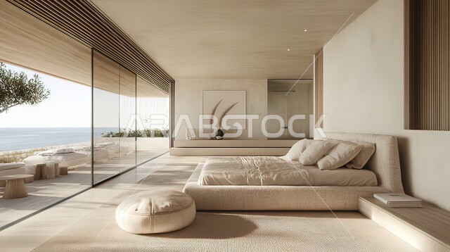 Modern accessories and antiques, large glass windows overlooking the sea, living room with luxury home furniture, high-end interior decorations for villas and residential apartments in the Kingdom of Saudi Arabia, interior designs for living rooms in a modern style