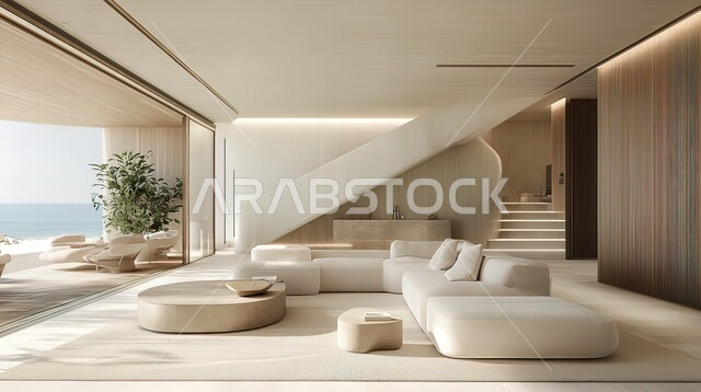 Luxury interior design for villas and apartments in Saudi Arabia, modern living room interior designs, contemporary accessories and antiques, large glass windows overlooking the sea, living room with luxury home furniture