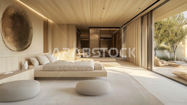 التصاميم الداخلية لغرف النوم باللون البيج  ، اكسسوارات وتحف عصرية ، نوافذ زجاجية كبيرة  مطله على الطبيعه ، الديكورات  الراقية للفلل والشقق السكنية في المملكة العربية السعودية ,   مفهوم الراحة والاسترخاء