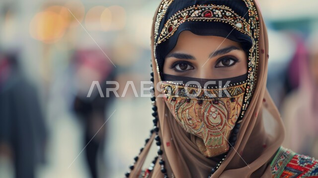 مفهوم الأناقة والأنوثة والشياكة، أزياء محجبات عصريه حديثه، الاهتمام بالمظهر الخارجي، بورتريه مقرب لامرأة عربية خليجية سعودية منقبة تنظر إلى الكاميرا بإيماءات الثقة بالنفس