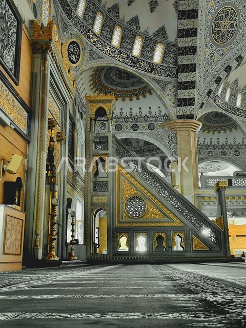Worship and getting closer to God, a picture from inside the Prophet's Mosque in Medina in the Kingdom of Saudi Arabia, Islamic designs and decorations, architectural engineering art, Islamic and worship, Islamic holy places