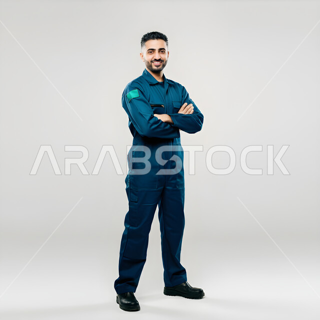  الوقوف بأيدي متقاطعه بتعابير الثقة بالنفس، بورتريه لشاب وسيم عربي خليجي سعودي يرتدي اليونيفورم يقف باستقامة وينظر إلى الكاميرا بابتسامة لطيفة، مفهوم الاناقه و الاهتمام بالمظهر الخارجي، صورة الجسم بالطول الكامل، خلفية بيضاء 
