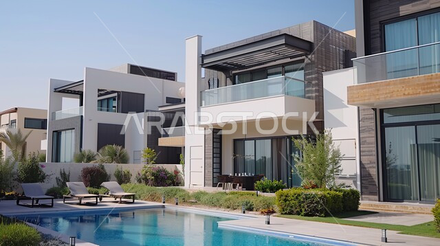 الديكورات والتصاميم  الخارجيه الحديثة لبيت فاخر عصري مع مسبح ، شاليهات ومنتجعات فاخره ،  الفن الهندسي المعماري على الطراز الحديث للفلل والشقق السكنية في المملكه العربيه السعوديه ،  الاهتمام في زراعه النباتات الخضراء في حديقة المنزل