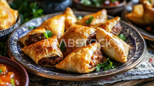 أطباق ووصفات طعام شعبية لذيذة وصحية، طرق مميزة لتقديم الطعام، وجبات بطرائق شهية، مطاعم للمأكولات العربية الخليجية السعودية المشهورة، صورة مقربة لطبق من المعجنات اللذيذة المحشوة باللحوم  المزينة بأوراق البقدونس