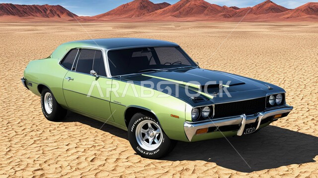 Entertainment activities in desert areas, an exciting adventure on soft golden sands, driving a green sports car in the middle of the desert, enjoying hobbies, safari adventures on sand dunes, sand hills and rock formations in the Arabian deserts