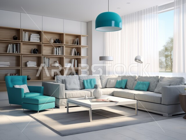 ديكور داخلي راقي للفلل والشقق السكنية في المملكة العربية السعودية ،غرفة معيشة مع أثاث منزلي فاخر باللون الابيض والأزرق ،أثاث واكسسوارات وأضواء فاخرة ،التصاميم الراقية لغرفة الجلوس على الطراز الحديث ،الواجهات والنوافذ الزجاجية المطلة على الطبيعة