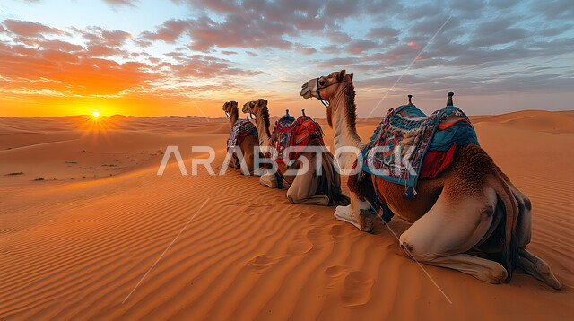 جمال عربية أصيلة تجلس على الرمال الذهبية الناعمة وسط الصحراء، رعاية النوق والابل في المحميات الطبيعية في المملكة العربية السعودية، الاهتمام بتربية المواشي والثدييات في الصحاري، منظر السماء المليئة بالغيوم وقت الغروب، التلال و الكثبان الرملية