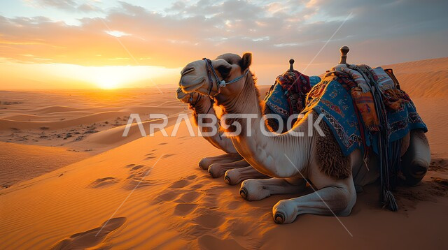 منظر السماء المليئة بالغيوم وقت الغروب، التلال و الكثبان الرملية، جمال عربية أصيلة تجلس على الرمال الذهبية الناعمة وسط الصحراء، رعاية النوق والابل في المحميات الطبيعية في المملكة العربية السعودية، الاهتمام بتربية المواشي والثدييات في الصحاري