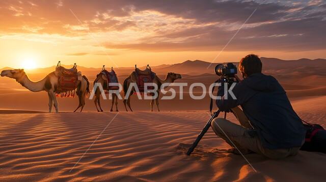 A caravan of camels walking over sand dunes in the desert, a Saudi Arabian Gulf photographer taking pictures of camels with a camera, natural landscapes and soft golden sand at sunset, desert tourist places, using animals for transportation in the Kingdom of Saudi Arabia