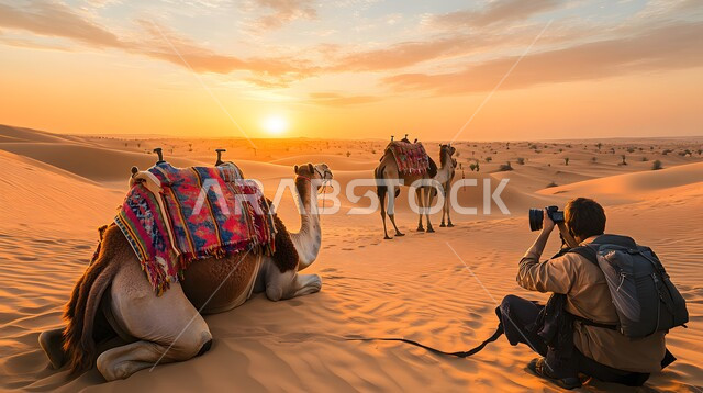 استخدام الحيوانات للتنقل في المملكة العربية السعودية، قافلة من الإبل تسير فوق الكثبان الرملية في الصحراء، مصور عربي خليجي سعودي يقوم بالتقاط صور للجمال بواسطة الكاميرا الفوتوغرافية، المناظر الطبيعية والرمال الذهبية الناعمة وقت الغروب، أماكن سياحية صحراوية