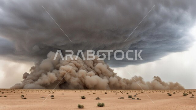 Dust winds in desert areas, dunes and soft golden sand, sand formations and formations in Saudi Arabia, tornado view in desert, strong dust storms