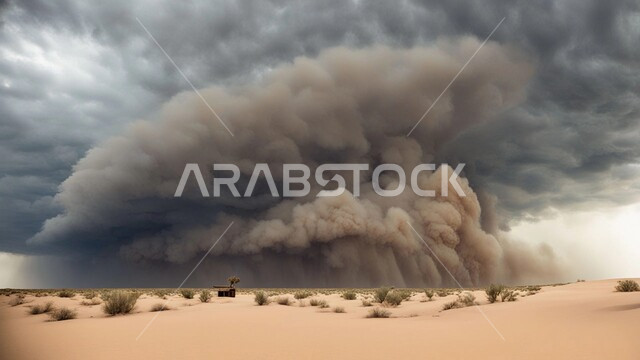 Tornado view in desert, dust winds in desert areas, dunes and soft golden sand, sand formations and formations in Saudi Arabia, strong dust storms