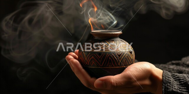 منظر الدخان المنتشر من البخور، التعطر والتطيب باطيب الروائح والعطور، أصالة العادات والتقاليد في المملكة العربية السعودية، خشب العود الفاخر والفحم، منتج محلي وطني سعودي, بورتريه مقرب ليد تحمل مبخرة تقليدية مزخرفة, خلفية سوداء